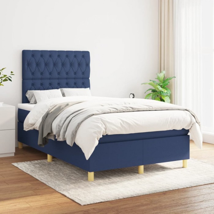 vidaXL Pat box spring cu saltea, albastru, 120x200 cm, textil 3142567