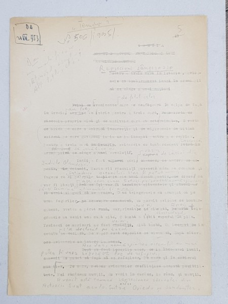 GEO BOGZA - REPRESIUNI SANGEROASE - ARTICOL PENTRU ZIAR , DACTILOGRAFIAT , CU CORECTURILE, MODIFICARILE SI ADAUGIRILE OLOGRAFE ALE AUTORULUI , 19