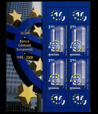 RO 2008 LP 1804 &amp;quot;10 ani - Banca Centrala Europeana&amp;quot; ,bloc 4/viniete+manseta ,MNH foto