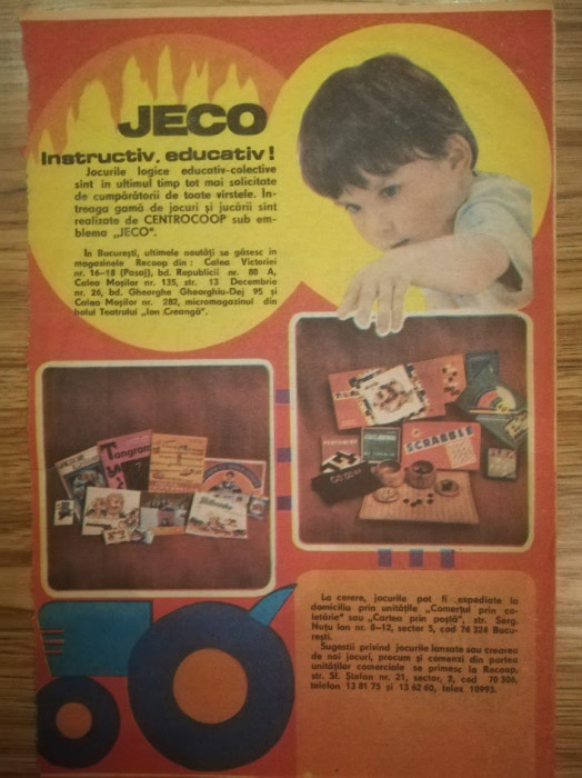 1989 Reclamă JECO jocuri educative copii comunism pionieri distractie 24x15,5