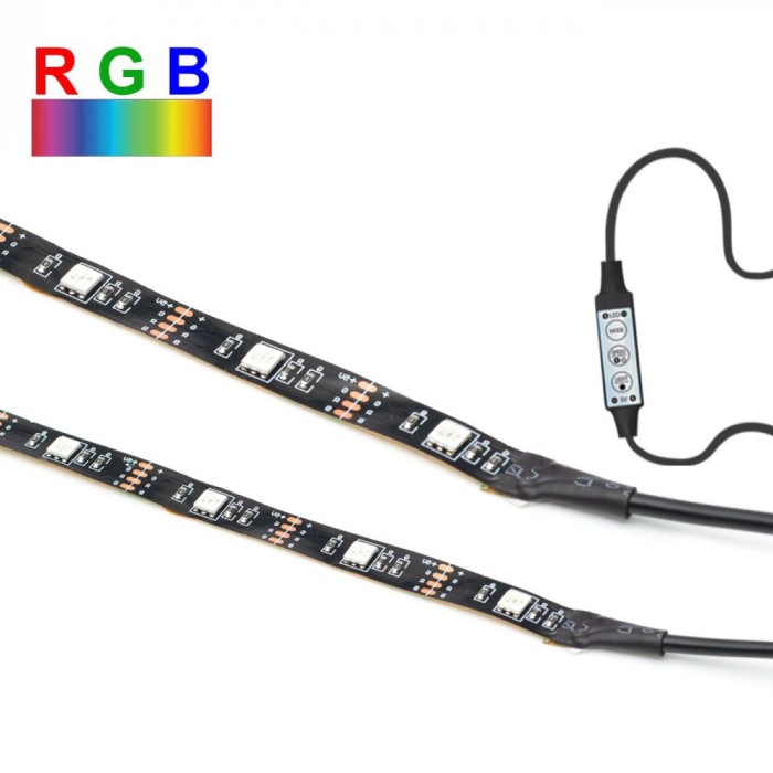 Banda LED RGB, Lamba, 12V, 50cm, USB, 21 Funcții, 20 Culori, Set 2 Bucăți