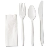 Set de 100 tacamuri de unica folosinta din plastic, furculita, cutit, lingura, servetel alb, Gimihome