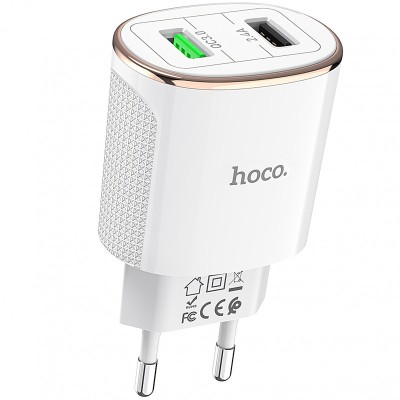 Incarcator Retea USB HOCO C60A, 2 X USB, Quick Charge, 18W, Alb foto