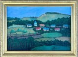 Mircea Popescu Tablou Peisaj Satul Bucovinean pictura ulei inramata 43x58cm