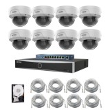 Sistem supraveghere IP Hikvision HiWatch, 8 camere, 4MP, PoE, IR 30m, NVR, Swicth PoE, Accesorii montaj SafetyGuard Surveillance