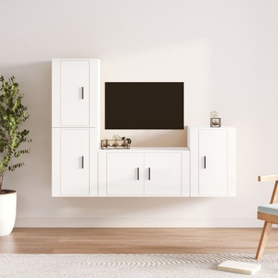 Set dulap TV, 4 piese, alb extralucios, lemn prelucrat foto