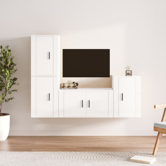 Set dulap TV, 4 piese, alb extralucios, lemn prelucrat