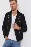 Selected O jacheta biker din piele &icirc;ntoarsă bărbați, culoarea negru, de tranzitie