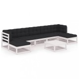 Set mobilier gradina cu perne, 8 piese, alb, lemn masiv de pin