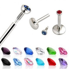 Labret pentru bărbie, din oţel inoxidabil, zirconiu colorat - Lungime piercing: 6 mm, Culoare zirconiu piercing: Negru - K