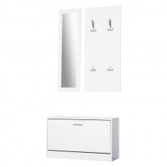 HOMCOM Set 3 Piese Suport pantofi Suport haine Oglinda pentru Hol sau Dormitor, din Lemn, 80x27x46,5cm, Alb