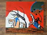 Tablou abstract &bdquo;Doi călăreți pe fond roșu&rdquo; &ndash; reproducere Kandinsky, pictură pe p&acirc;nză 60x50cm