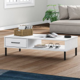 Cumpara ieftin Măsuță Cafea Oslo Lemn Masiv Pin Alb 100x55cm cu Sertar, Picioare Metalice. Masă Living, Design Rustic