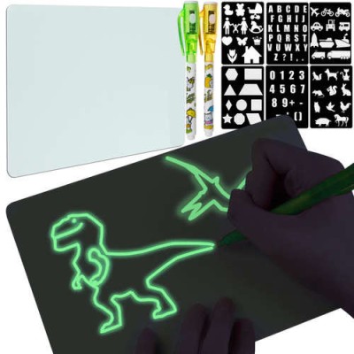 Plansa pentru Desenat cu Lumina Led, 6 Sabloane Diferite, 2 Markere cu Lumina, Waterproof, Negru foto