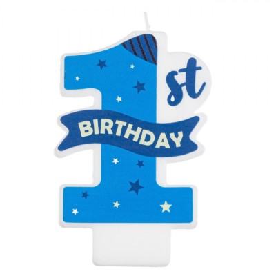 Lum&amp;acirc;nare Tort Aniversară, Model 1st Birthday, Albastru Ciel, Parafină foto