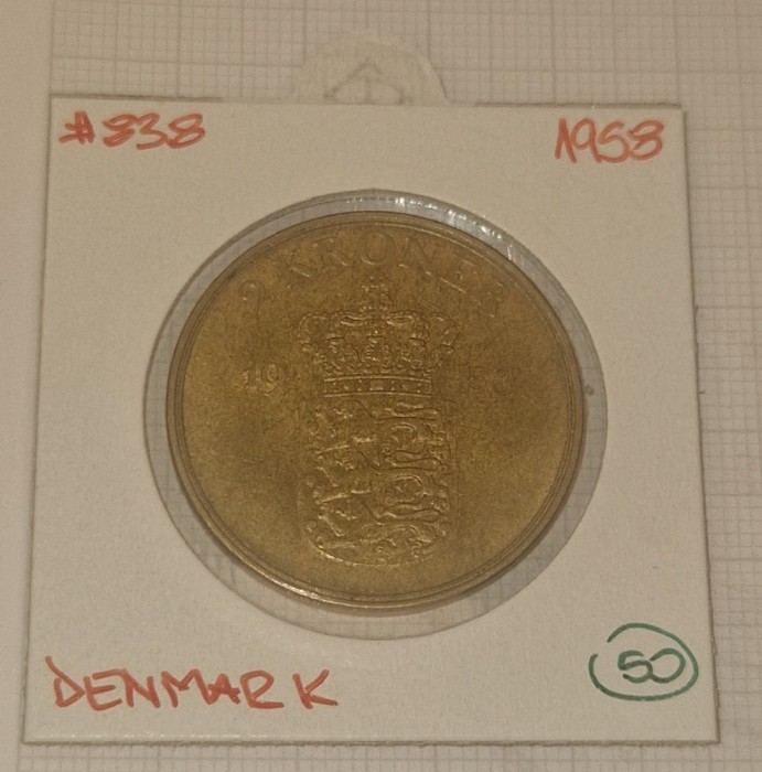 Denmark, Danemarca, 2 Kroner 1958, KM#838
