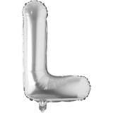 Balon folie metalizata litera l, flippy, 80 cm, umflati cu heliu sau aer, ambalaj individual, pai inclus, argintiu