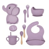 Cumpara ieftin Set 10 Piese Servire Masa, Bebelusi si Copii, din Silicon/Lemn, cu Ventuze Anti-alunecare, +6 Luni, Model Elefant, Mov