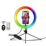 Lampa Selfie RGB, 3 moduri de iluminare, alb, multicolor RGB, telecomanda, bluetooth, 25 cm, suport de telefon, alimentare usb, Oem