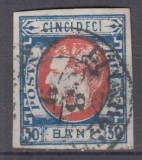 ROMANIA 1869 LP 29 REGELE CAROL I CU FAVORITI 50 BANI ALBASTRU SI ROSU STAMPILAT POINCON