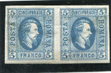 1865 , Lp 16 a , A.I. Cuza 5 Parale albastru / hartie vargata , pereche - MVLH