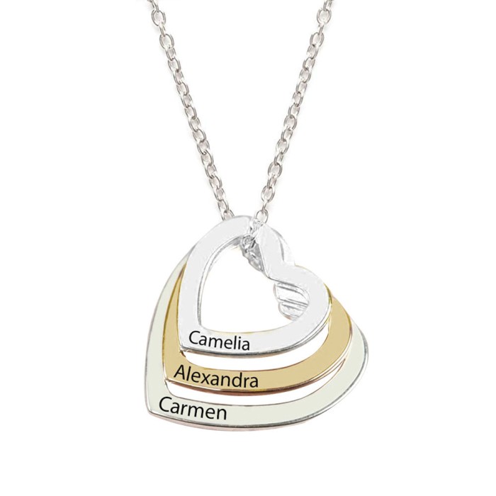 Colier personalizat cu 3 nume pe 3 inimioare - argint 925 - 45 cm
