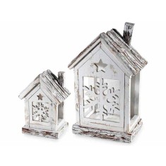 Set 2 felinare Craciun lemn alb maro cm 22 x 14 x 35 H, 15 x 10 x 20 H