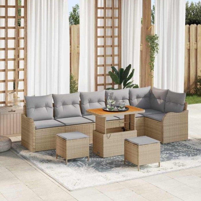 Set de canapea de grădină vidaXL cu 9 piese și perne Bej Ratan Poly Acacia