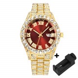 Ceas Iced Out, insertii zirconiu, unisex, waterproof, otel inoxidabil, accesoriu pentru ajustarea bratari, culoare gold red, impachetare premium