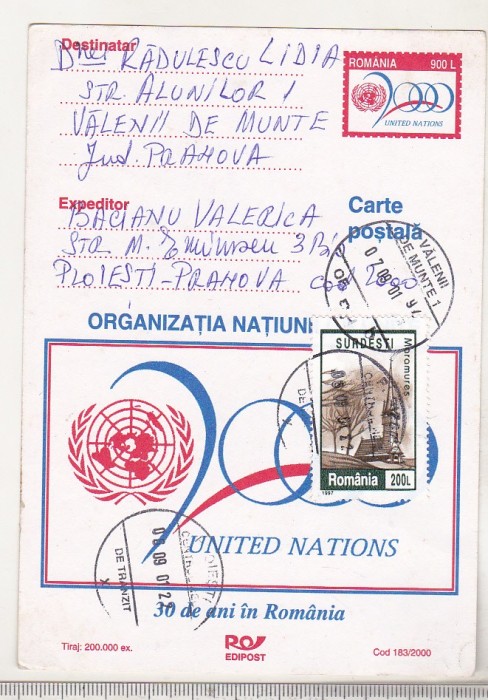 bnk cp Carte postala ONU - 2000 - circulata - marca fixa
