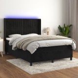 vidaXL Pat cu arcuri, saltea și LED, negru, 140x190 cm, catifea 3139681