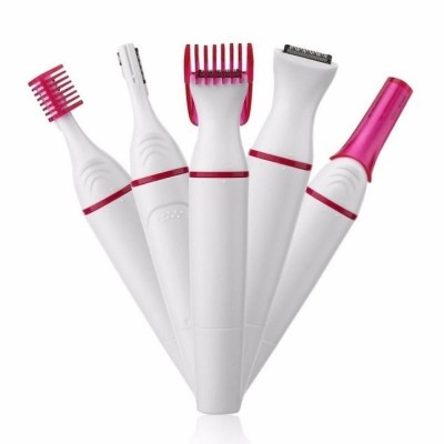 Mini epilator 5 in 1, fara fir, multifunctional, lame din inox, capete lavabile, functionare pe baterii, din ABS, alb foto