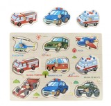 Puzzle incastru din lemn, Lb. Romana -Vehicule, 7Toys