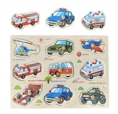 Puzzle incastru din lemn, Lb. Romana -Vehicule, 7Toys foto