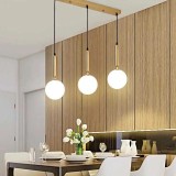 Cumpara ieftin Lustra pe cabluri, 3 globuri sticla alba, dulie E27, corp auriu, lungime reglabila maxim 1.2 m