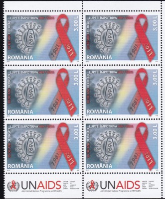 2011 LP 1904 LP 1904 c 30 ANI DEDICATI LUPTEI HIV/SIDA BLOC 6 SERII+2 TABS MNH foto
