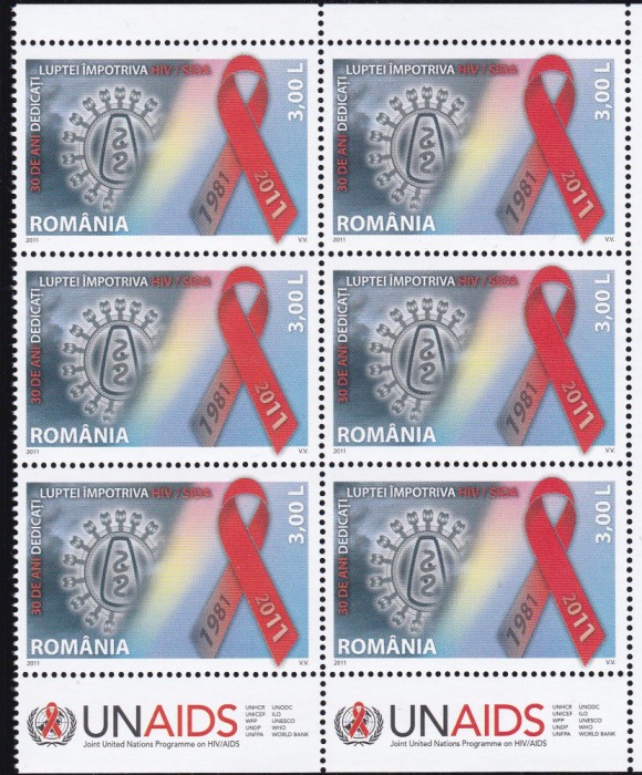 2011 LP 1904 LP 1904 c 30 ANI DEDICATI LUPTEI HIV/SIDA BLOC 6 SERII+2 TABS MNH