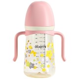 Cana cu pai pentru bebelusi Oberni, anti-varsare, cu manere detasabile si pai cu greutate, 240 ml, fara BPA, PPSU, culoare Roz