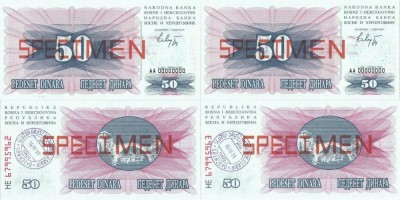 2x 1992 ( 1 VII ) , 50 dinara ( P-12s ) - Bosnia și Herțegovina - stare UNC foto