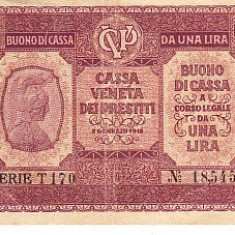 M1 - Bancnota foarte veche - Italia - una lira - Casa Veneta dei Prestiti - 1918