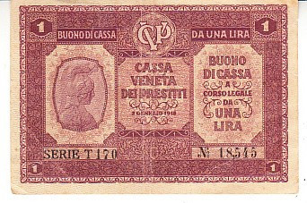 M1 - Bancnota foarte veche - Italia - una lira - Casa Veneta dei Prestiti - 1918