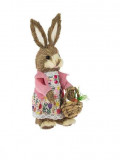 Figurina Decorativa de Paste Iepure cu Rochie Floral Cos cu Oua
