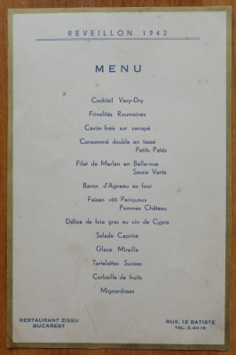 Meniu Restaurant Zissu Bucuresti , Revelion 1942 foto