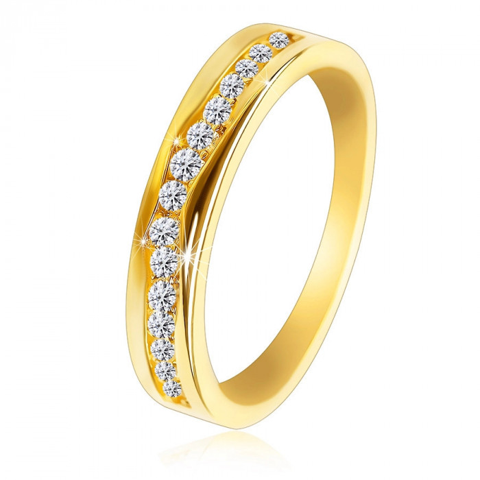Inel din aur de 14K - linie de zirconii &icirc;ntre umerii strălucitori ușor ondulați - Marime inel: 58