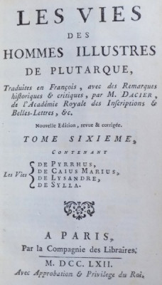 LES VIES DES HOMMES ILLUSTRES DE PLUTARQUE , TOME SIXIEME (VI) , 1762 foto