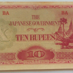 Bancnota OCUPATIE JAPONEZA IN BURMA - 10 RUPII, anul 1944 *cod 135 = A.UNC!