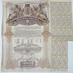 SOCIETATEA COMUNALA A TRAMVAIELOR BUCURESTI , CERTIFICAT NOMINATIV DE ZECE ACTIUNI , IN VALOARE TOTALA DE 5000 LEI , 1922