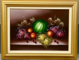 Tablou Natura Statică cu Fructe pictura in ulei pe p&acirc;nză, cu certificat, &icirc;nrămat rama lemn 70x90cm, Natura statica, Realism