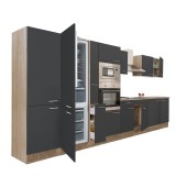 Mobilier de bucătărie Yorki 420, cu corp din stejar Sonoma, fațade antracit cu finisaj satinat, cu frigider cu congelator &icirc;n partea de jos, fără blat