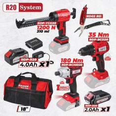 Set 3 scule Raider Pro R20 cu 2 acumulatori 2Ah si 4Ah, incarcator si geanta